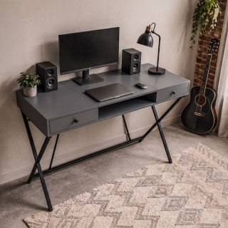 Biurko industrialne komputerowe Grafit CROSSLINE 120 cm 2 szuflady 1 półka Czarne nogi