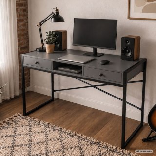 Biurko industrialne komputerowe Grafit ELONIS 123 cm 2 szuflady 1 półka Czarne nogi