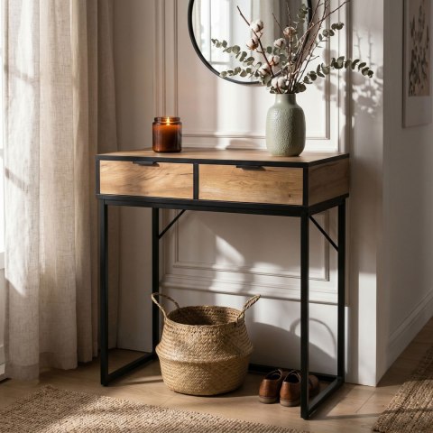 Konsola stolik loftowy ELANO 2 szuflady 80 cm Dąb Craft Czarne nogi