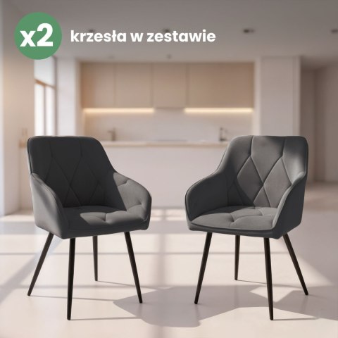 2x Welurowe krzesło tapicerowane pikowane Ciemny Grafit DIAMANTE Czarne nogi