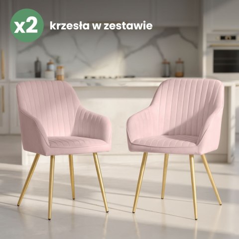 2x Welurowe krzesło tapicerowane z przeszyciami Pudrowy Róż FLORENCE Złote nogi