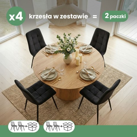 4x Welurowe krzesło tapicerowane pikowane Czarne NERO Czarne nogi