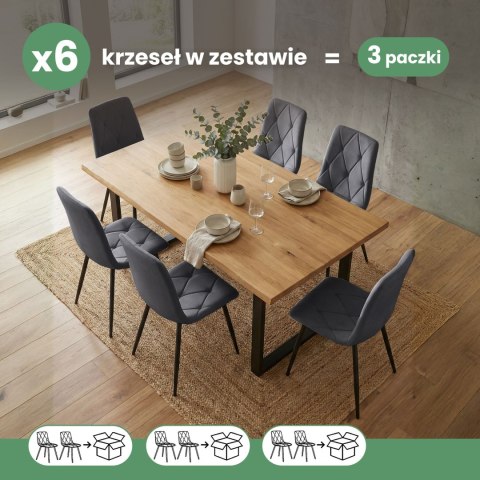 6x Welurowe krzesło tapicerowane pikowane Ciemny Grafit MILO Czarne nogi