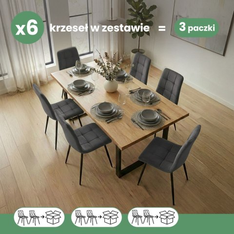 6x Welurowe krzesło tapicerowane pikowane Ciemny Grafit NERO Czarne nogi