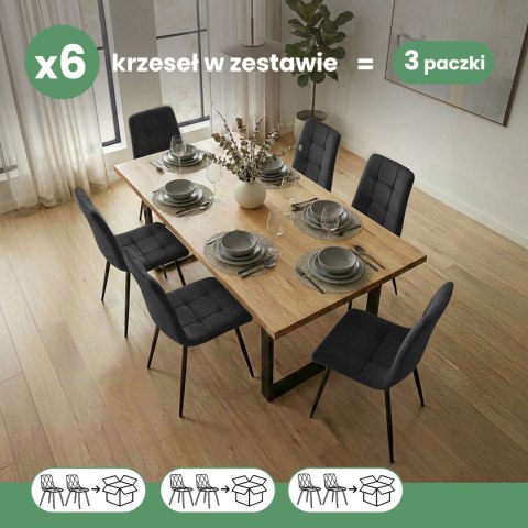 6x Welurowe krzesło tapicerowane pikowane Czarne NERO Czarne nogi