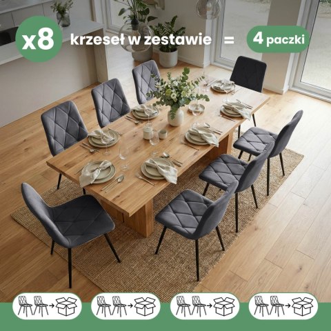 8x Welurowe krzesło tapicerowane pikowane Ciemny Grafit MILO Czarne nogi