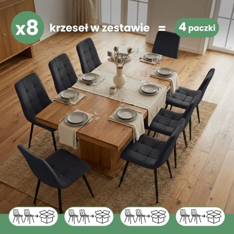 8x Welurowe krzesło tapicerowane pikowane Czarne NERO Czarne nogi