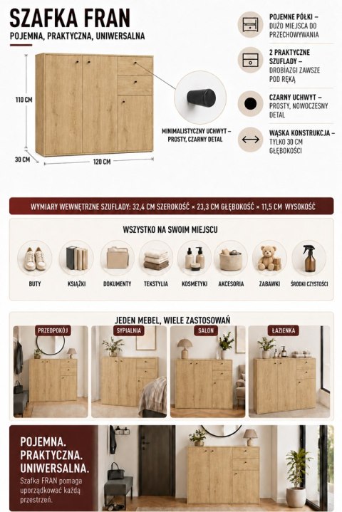KOMODA FRAN DĄB ARTISAN 120 Cm 3 Drzwi 2 Szuflady 30 Cm Do Salonu Sypialni