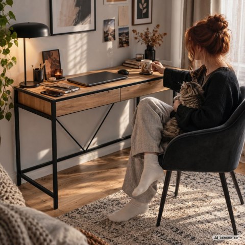 Biurko komputerowe LOFT PURE Dąb Craft 124 cm 2 szuflady czarne nogi styl industrialny 124x50x80 cm