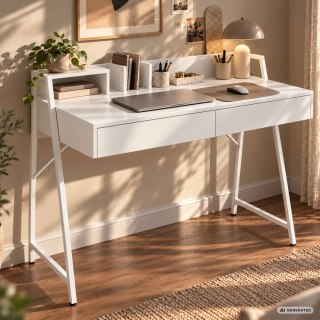 Biurko komputerowe ORIX Białe 124 cm 2 szuflady 1 półka białe nogi styl industrialny 124x48x91,5 cm