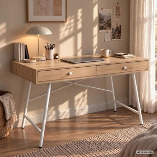 Biurko komputerowe SKANDIA Dąb Artisan 120 cm 2 szuflady biały stelaż styl industrialny 120x50x80,5 cm