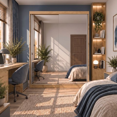 SZAFA Przesuwna IGA 160 2 Lustra DĄB ARTISAN BIEL - Nowoczesny Design