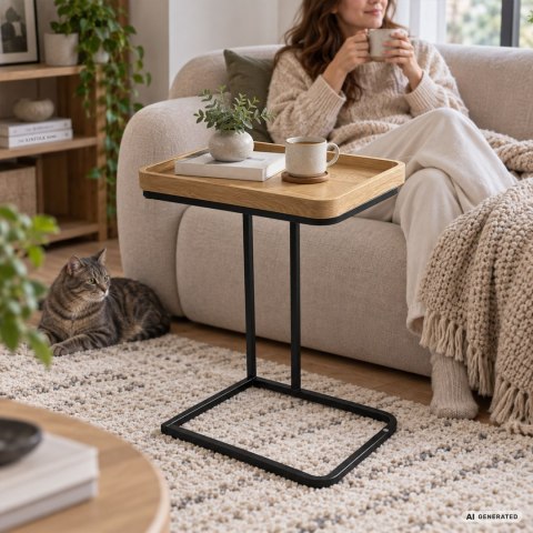 Stolik kawowy loftowy HYGGO 40 cm kwadratowy Naturalne Drewno czarne nogi