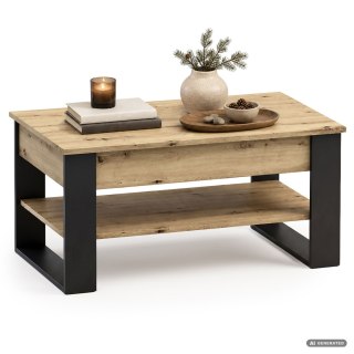 Stolik kawowy z podnoszonym blatem DENVER 92 cm prostokątny z półką Dąb Artisan czarne nogi