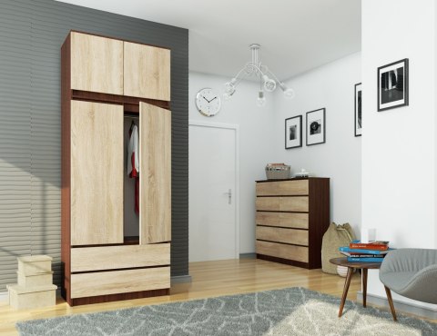 SZAFA Z NADSTAWKĄ S 90 cm 2 DRZWI 2 SZUFLADY PK WENGE / SONOMA