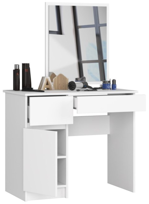 Toaletka AKORD Biała 90 cm z lustrem 500x600 lewa 1 drzwi 2 szuflady kolor Biały mat 2 półki 90x50x142 cm
