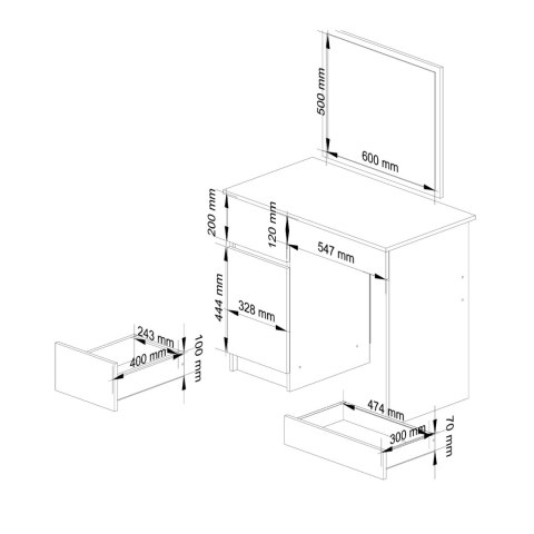 Toaletka AKORD Biała 90 cm z lustrem 500x600 lewa 1 drzwi 2 szuflady kolor Biały mat 2 półki 90x50x142 cm