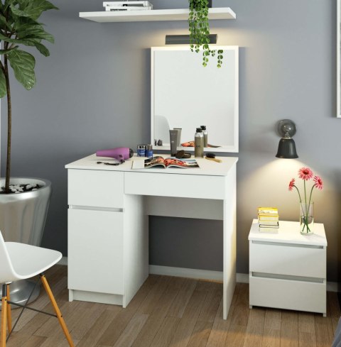 Toaletka AKORD Biała 90 cm z lustrem 500x600 lewa 1 drzwi 2 szuflady kolor Biały mat 2 półki 90x50x142 cm