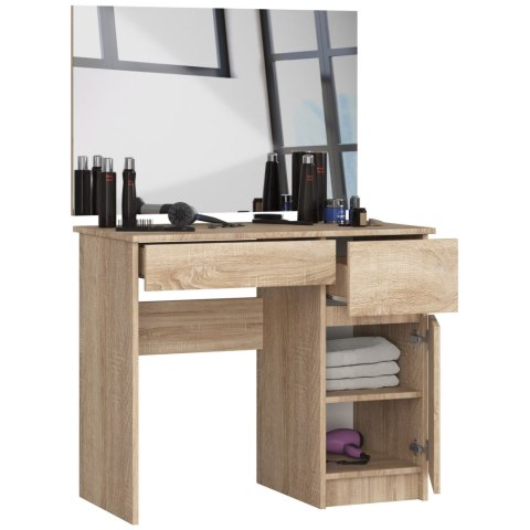 Toaletka AKORD Dąb Sonoma 90 cm z lustrem 900x600 prawa 1 drzwi 2 szuflady kolor Dąb Sonoma mat 2 półki 90x50x142 cm