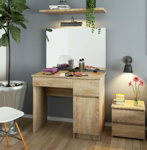 Toaletka AKORD Dąb Sonoma 90 cm z lustrem 900x600 prawa 1 drzwi 2 szuflady kolor Dąb Sonoma mat 2 półki 90x50x142 cm
