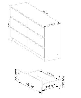KOMODA K 140 cm 6 SZUFLAD PK BIAŁA / SONOMA