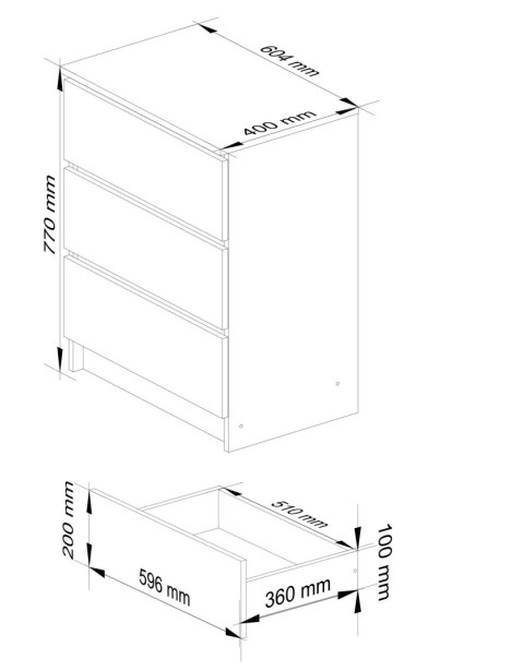 KOMODA K 60 cm 3 SZUFLADY PK SONOMA / BIAŁA