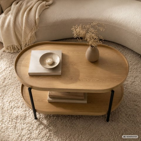 Stolik kawowy loftowy CORTADO 90 cm owalny z półką naturalne drewno czarne nogi