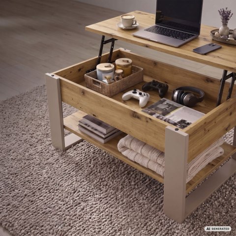 Stolik kawowy z podnoszonym blatem DENVER 92 cm prostokątny z półką Dąb Artisan kaszmirowe nogi