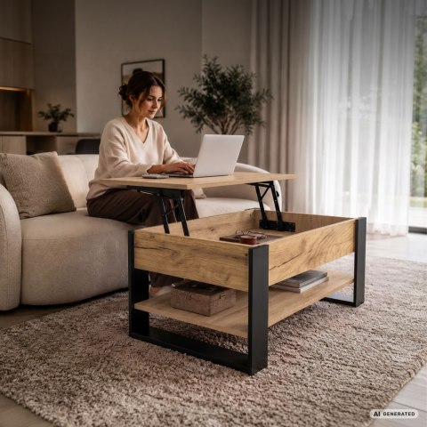 Stolik kawowy z podnoszonym blatem DENVER 92 cm prostokątny z półką Dąb Craft czarne nogi