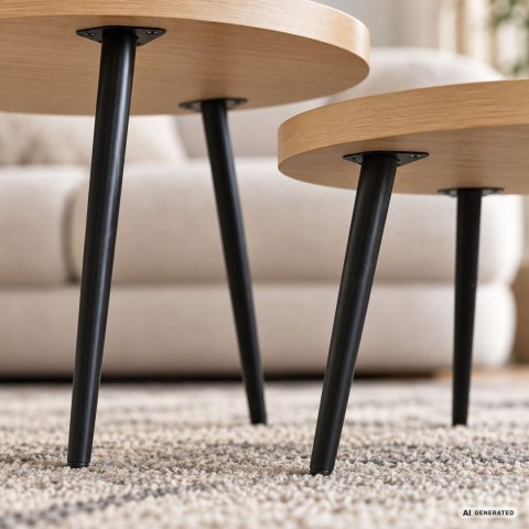 Zestaw stolików kawowych TWINO 52 cm okrągłe Naturalne Drewno czarne nogi
