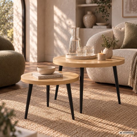 Zestaw stolików kawowych TWINO 52 cm okrągłe Naturalne Drewno czarne nogi