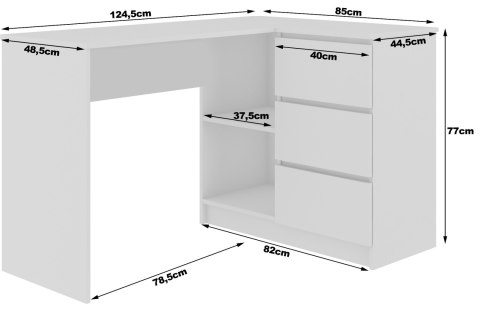 BIURKO NAROŻNE B16 124 cm PRAWE 3 SZUFLADY PK BIAŁE / SONOMA