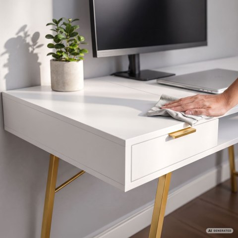 Biurko industrialne komputerowe Białe ARDEN 120 cm 2 szuflady 1 półka Złote nogi