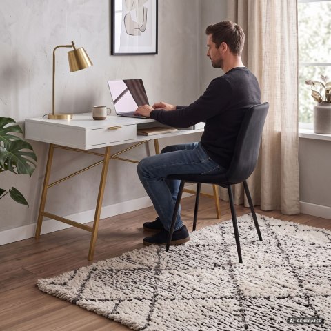 Biurko industrialne komputerowe Białe ARDEN 120 cm 2 szuflady 1 półka Złote nogi