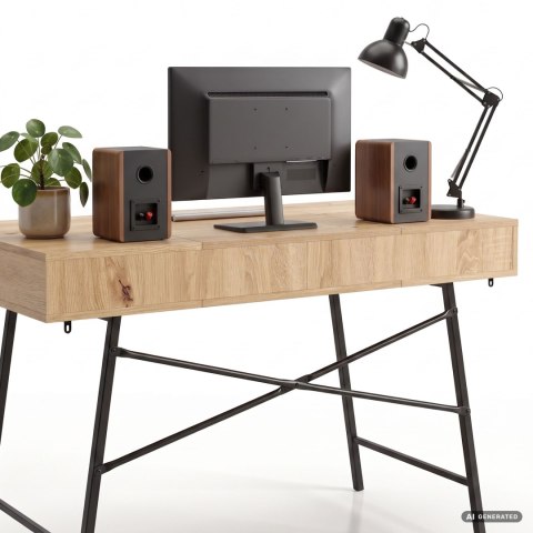Biurko industrialne komputerowe Dąb Artisan ARDEN 120 cm 2 szuflady 1 półka Czarne nogi