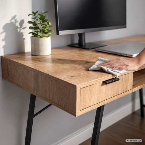 Biurko industrialne komputerowe Dąb Artisan ARDEN 120 cm 2 szuflady 1 półka Czarne nogi