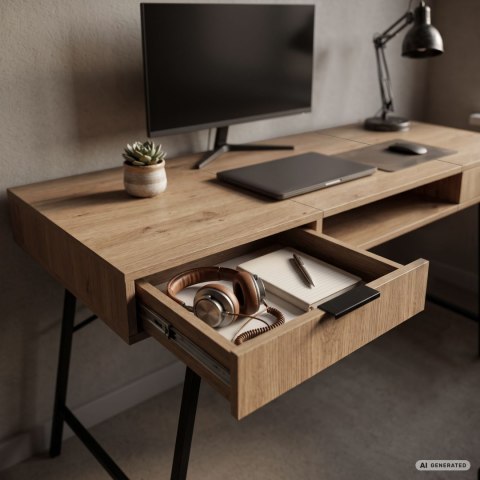 Biurko industrialne komputerowe Dąb Artisan ARDEN 120 cm 2 szuflady 1 półka Czarne nogi