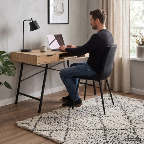 Biurko industrialne komputerowe Dąb Artisan ARDEN 120 cm 2 szuflady 1 półka Czarne nogi