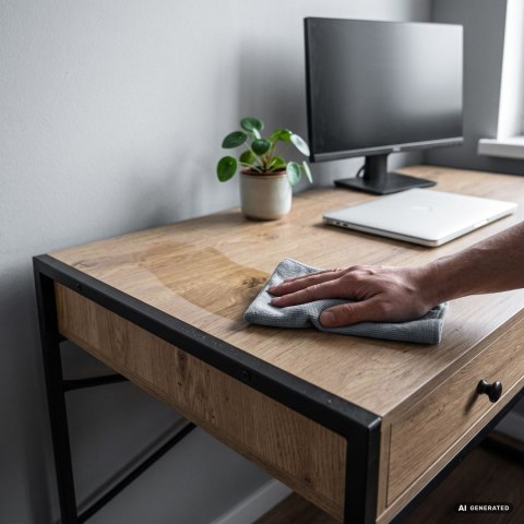Biurko industrialne komputerowe Dąb Artisan ELONIS 123 cm 2 szuflady 1 półka Czarne nogi