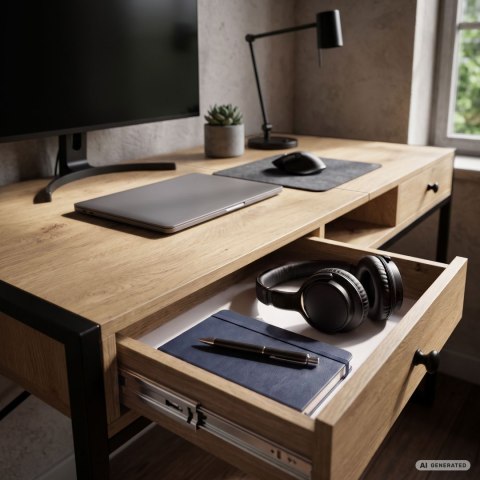 Biurko industrialne komputerowe Dąb Artisan ELONIS 123 cm 2 szuflady 1 półka Czarne nogi