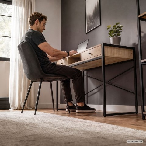 Biurko industrialne komputerowe Dąb Artisan ELONIS 123 cm 2 szuflady 1 półka Czarne nogi