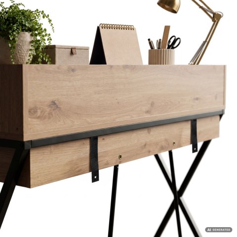Biurko industrialne komputerowe Dąb Artisan FLEXO 100 cm 1 szuflada 1 półka Czarne nogi