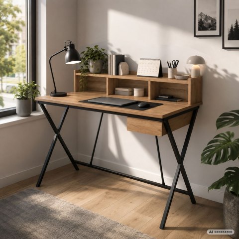 Biurko industrialne komputerowe Dąb Artisan FLEXO 100 cm 1 szuflada 1 półka Czarne nogi