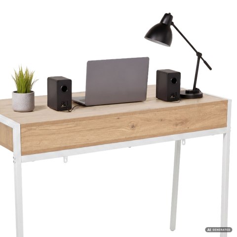 Biurko industrialne komputerowe Dąb Artisan ZENTIA 100 cm 2 szuflady Białe nogi
