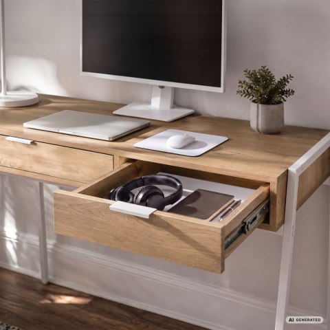 Biurko industrialne komputerowe Dąb Artisan ZENTIA 100 cm 2 szuflady Białe nogi