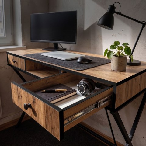 Biurko industrialne komputerowe Dąb Craft CROSSLINE 120 cm 2 szuflady 1 półka Czarne nogi