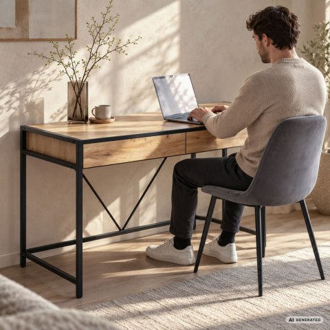 Biurko komputerowe LOFT PURE Dąb Craft 124 cm 2 szuflady czarne nogi styl industrialny 124x50x80 cm