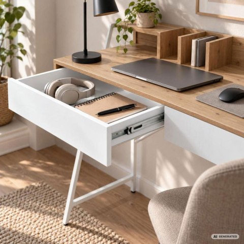 Biurko komputerowe ORIX Dąb Artisan 124 cm 2 szuflady 1 półka białe nogi styl industrialny 124x48x91,5 cm