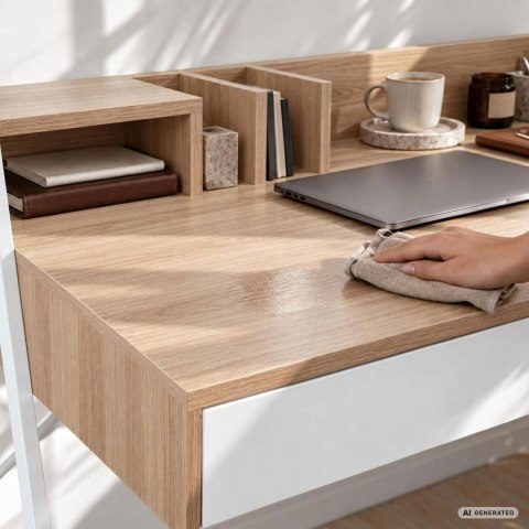 Biurko komputerowe ORIX Dąb Sonoma 124 cm 2 szuflady 1 półka białe nogi styl industrialny 124x48x91,5 cm