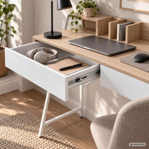 Biurko komputerowe ORIX Dąb Sonoma 124 cm 2 szuflady 1 półka białe nogi styl industrialny 124x48x91,5 cm